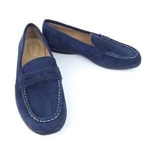 Lands End Blue Suede leather Loafers Mocs Shoes Womens 8B Slip On, Comfort EUC